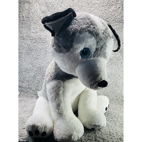 Husky Plush Toy Gray and White Featuring Prominent Blue Eyes Large 25 In Tall - Picture 1 of 9